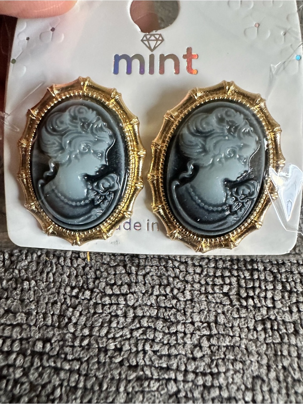 Mint Black and Gold Cameo Drop Earrings